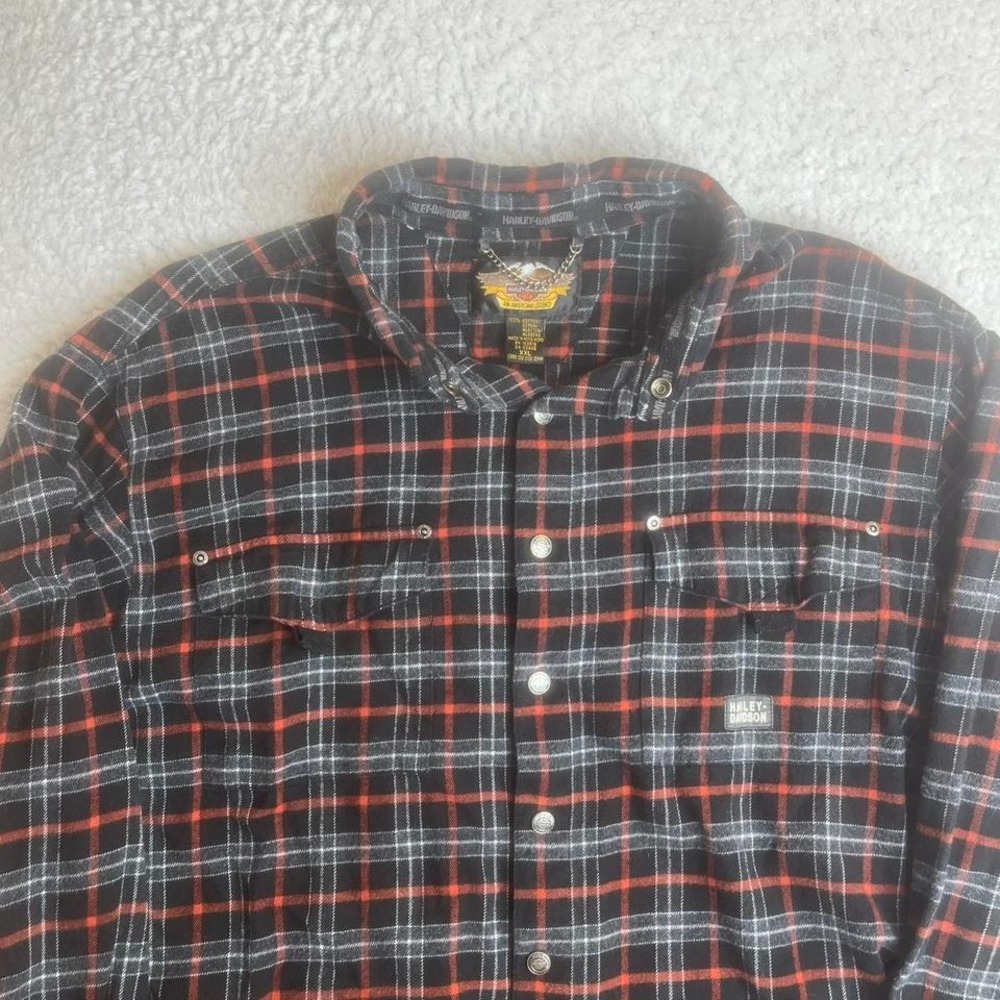 Y2K Harley Davidson men black plaid‎ flannel work pocket biker long sleeve xxl